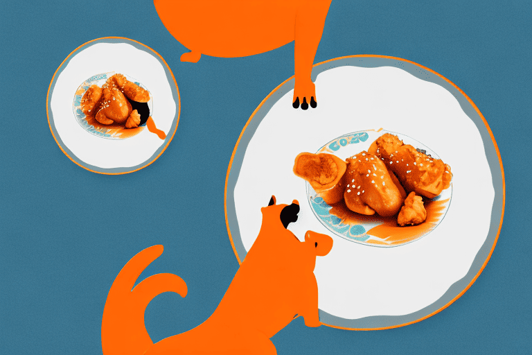 A curious dog sitting in front of a plate of orange chicken