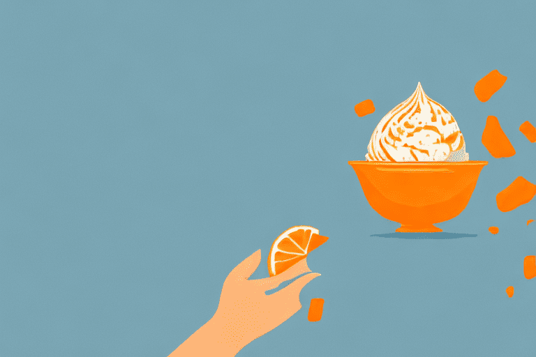 A curious dog sniffing at a bowl of orange sherbet ice cream