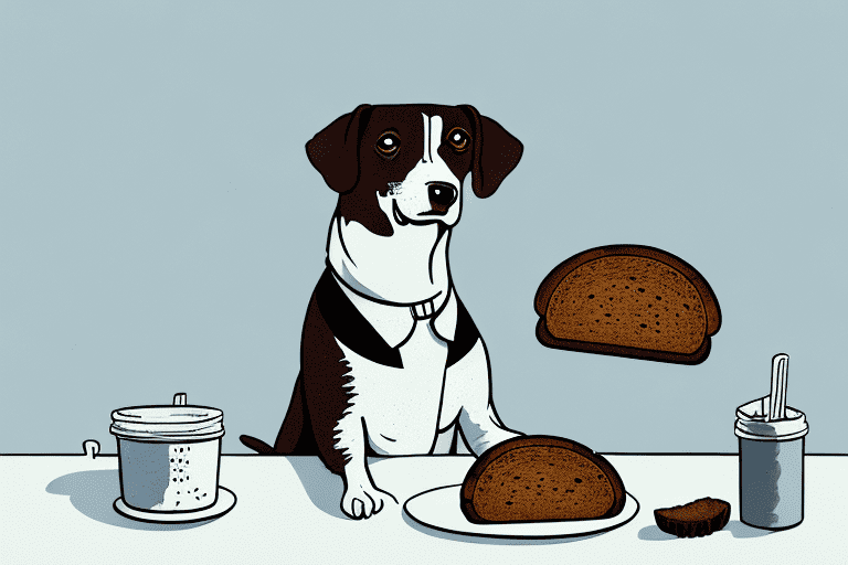 A curious dog sitting by a table with a loaf of pumpernickel bread on it