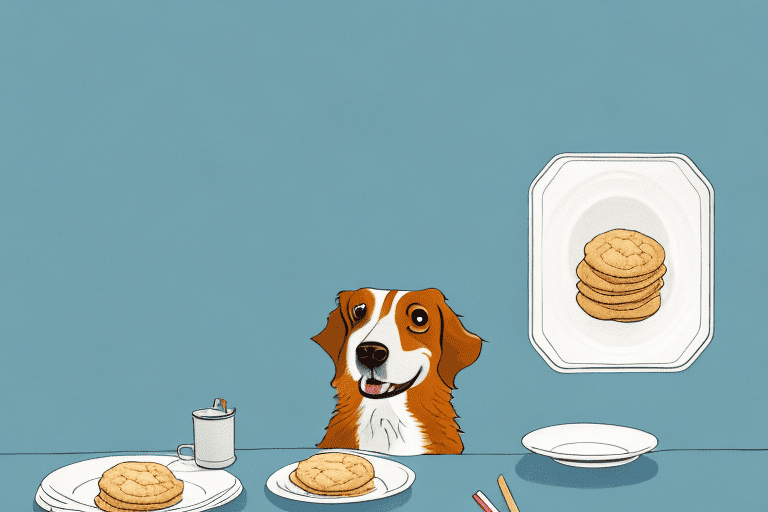 A curious dog sitting in front of a table with a plate of snickerdoodles