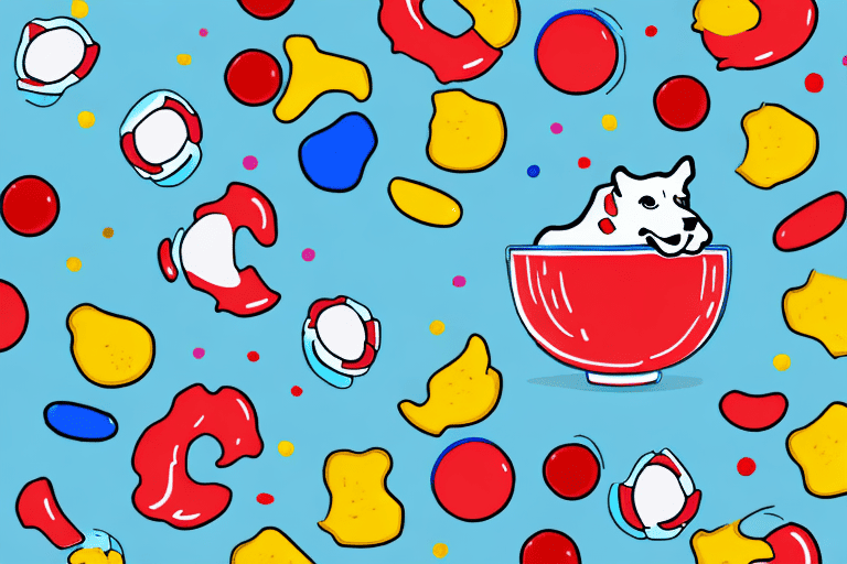 A curious dog looking at a bowl full of colorful swedish fish candies