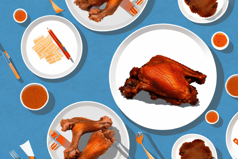 A curious dog looking at a plate of turkey wings on a table