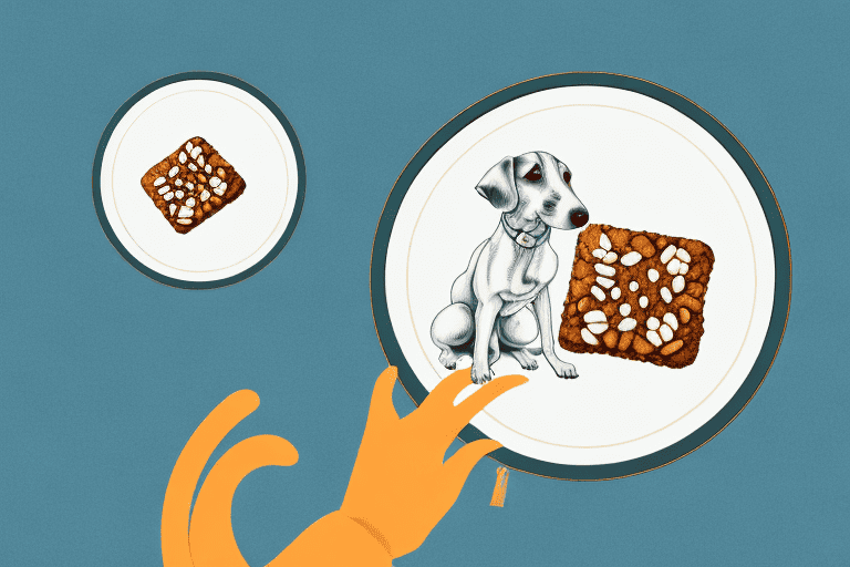 A curious dog sitting in front of a plate of tempeh