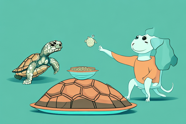 A curious dog sniffing a bowl of turtle food