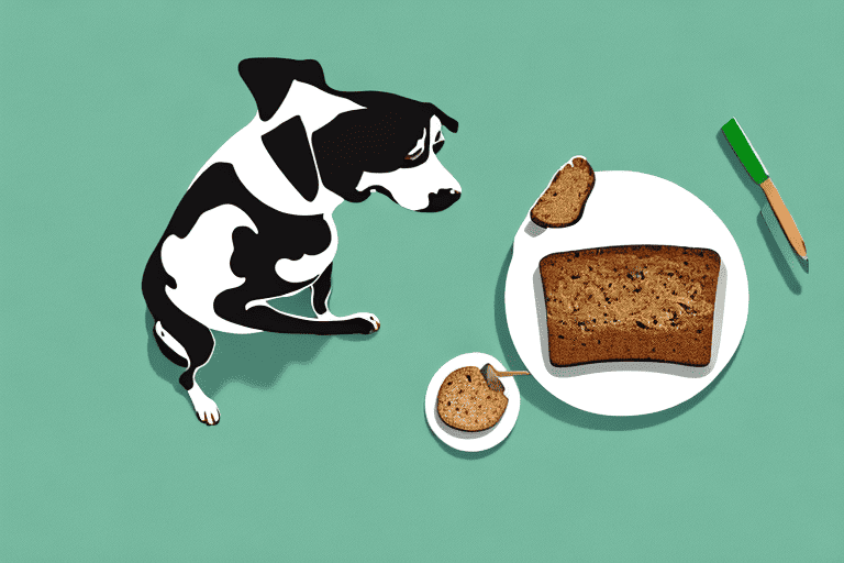 A curious dog sniffing a piece of zucchini bread placed on a plate