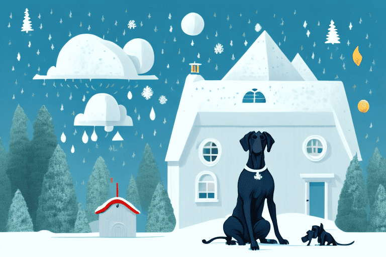 A great dane sitting comfortably in an outdoor setting such as a spacious backyard