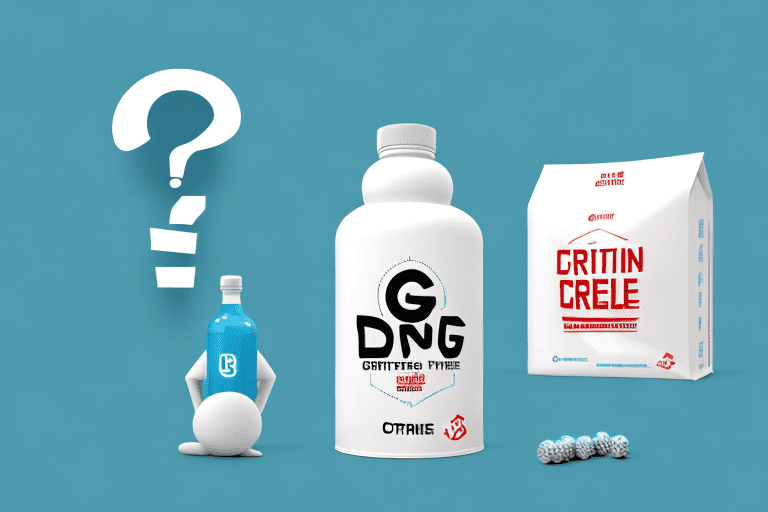A curious dog sitting next to a bottle of creatine supplements