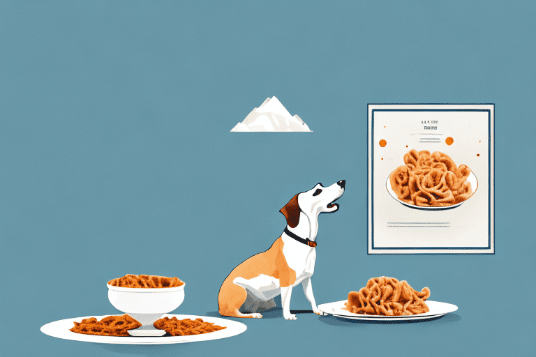 A curious dog sitting near a plate of chitterlings