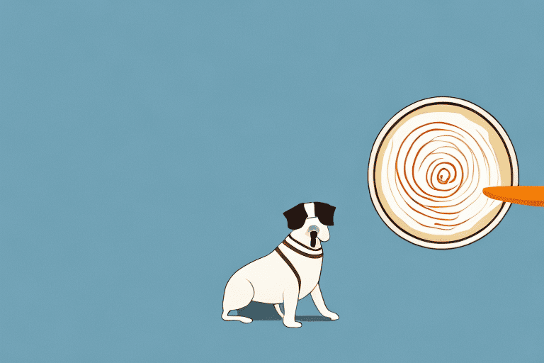 A curious dog sitting next to a bowl of cream of chicken