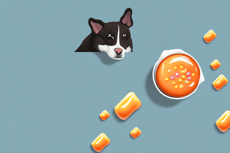 A curious dog looking at a piece of butterscotch candy on a table