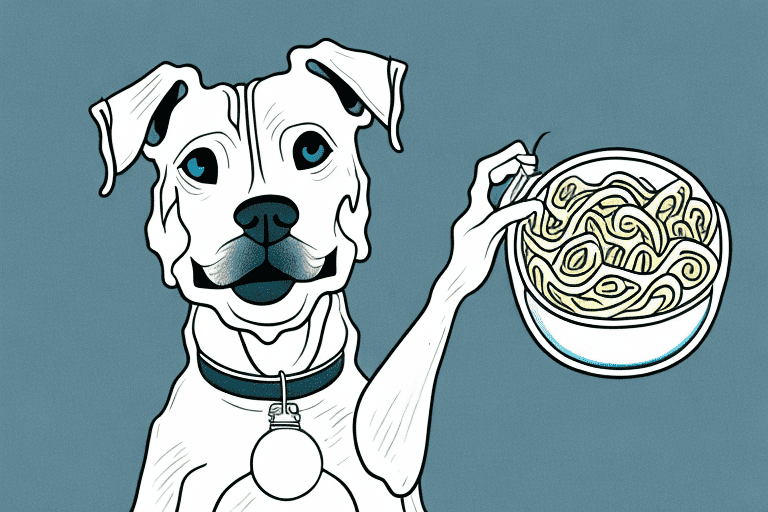 A curious dog sitting next to a bowl of fettuccine alfredo