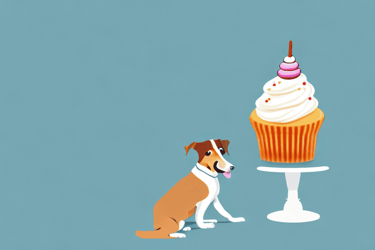 A curious dog looking longingly at a cupcake with frosting on a table