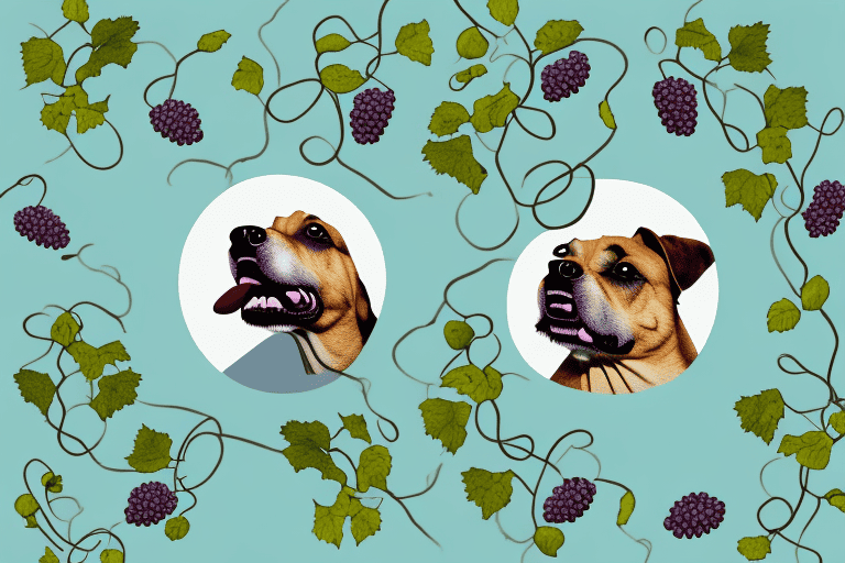 A curious dog looking longingly at a bunch of grapes hanging on a vine