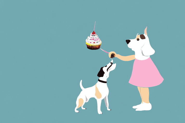 A curious dog sniffing a cupcake with icing on a table