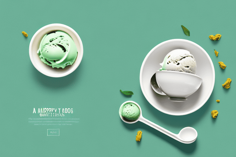 A happy dog sitting next to a bowl of green tea ice cream