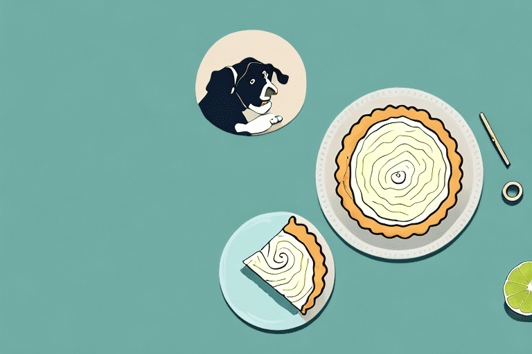 A curious dog looking at a slice of key lime pie placed on a table