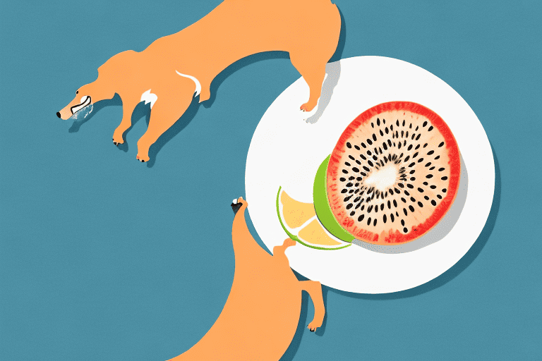 A curious dog looking at a piece of sliced mamey fruit on a plate