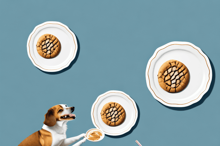 A curious dog sitting next to a table with a plate of nutter butter cookies