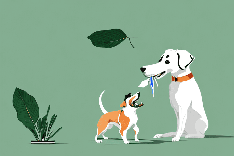 A curious dog sniffing a pandan leaf in a domestic kitchen setting