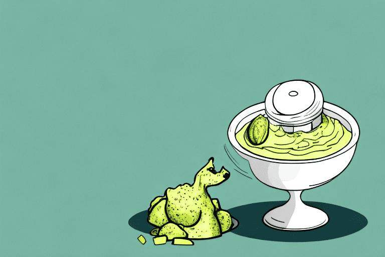 A curious dog looking at a bowl of pistachio pudding placed on a table