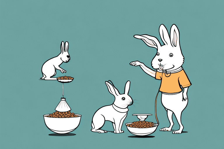 A curious dog sniffing at a bowl of rabbit food with a rabbit watching in the background