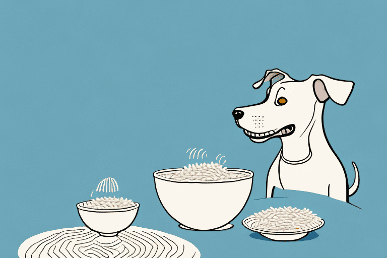 A curious dog sitting at a table with a bowl of rice noodles in front of it