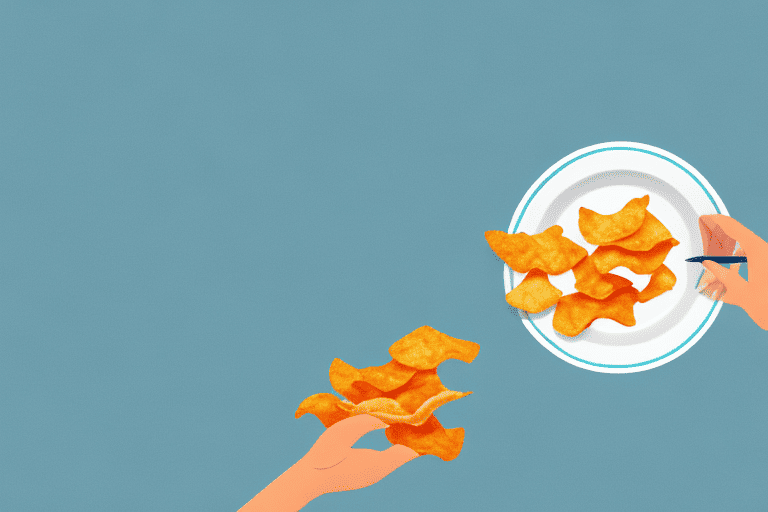 A curious dog sniffing a pile of shrimp chips placed on a plate