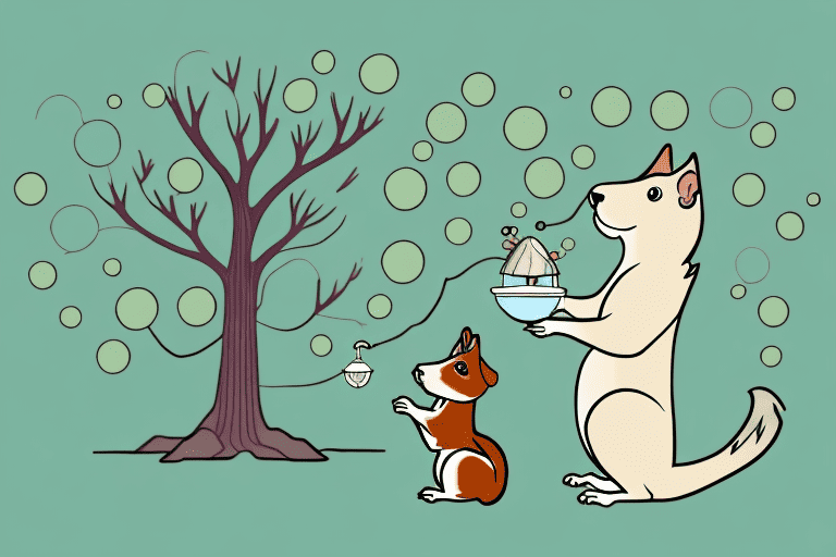 A curious dog looking at a squirrel in a tree