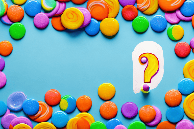 A curious dog looking at a brightly colored sucker candy on a table with a question mark above its head