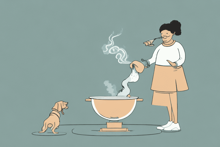 A curious dog sniffing a bowl of steaming vegetable broth placed on a kitchen floor
