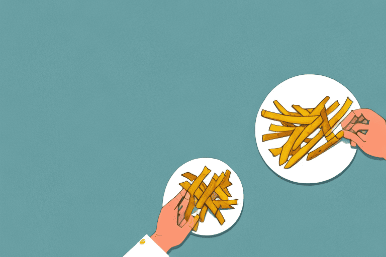 A dog curiously sniffing at a plate of yucca fries on a kitchen floor
