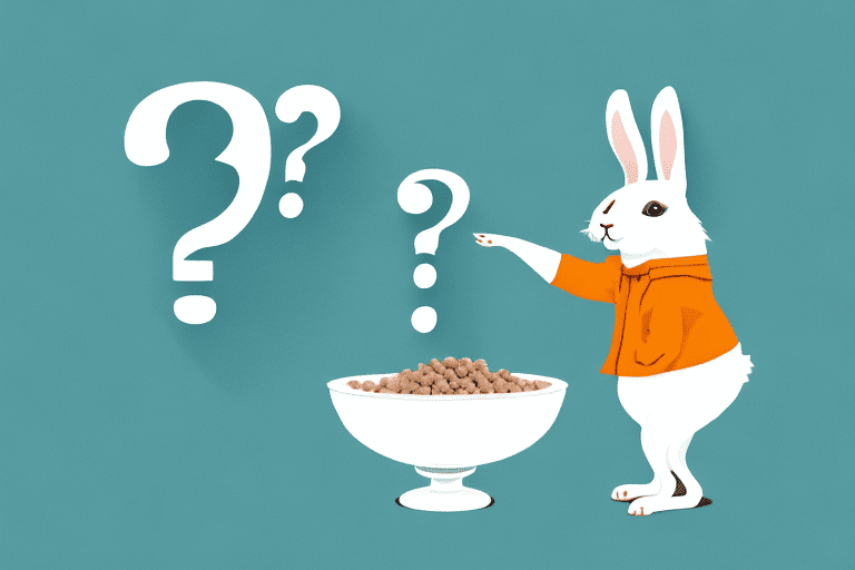 A curious bunny sniffing at a bowl of dog food