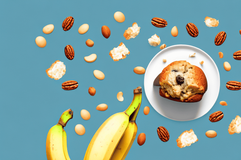 A curious dog sniffing a banana nut muffin on a plate