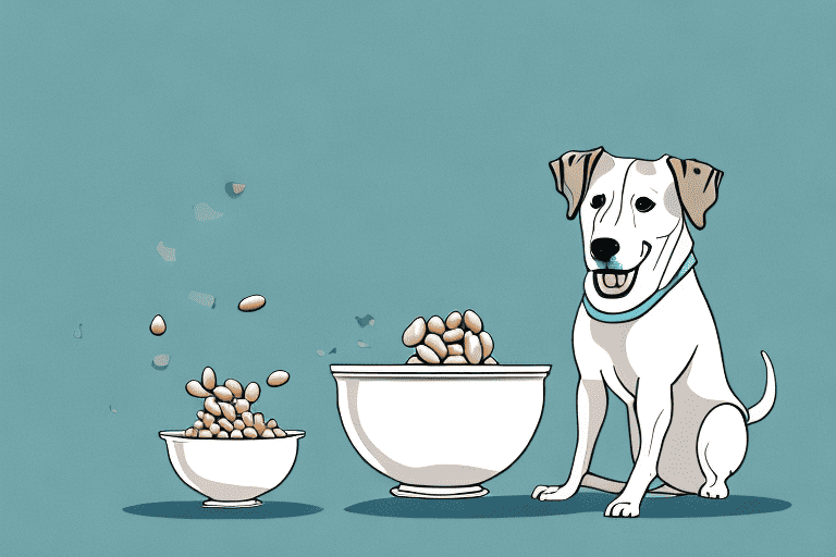 A curious dog sitting in front of a bowl filled with cannellini beans