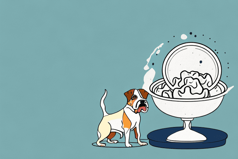 A curious dog sitting by a bowl filled with chicken and dumplings