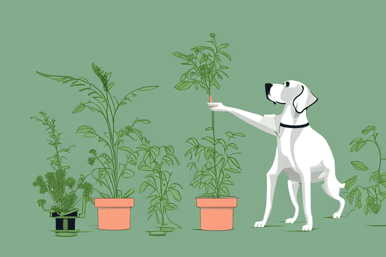 A curious dog sniffing at a plant of cleavers