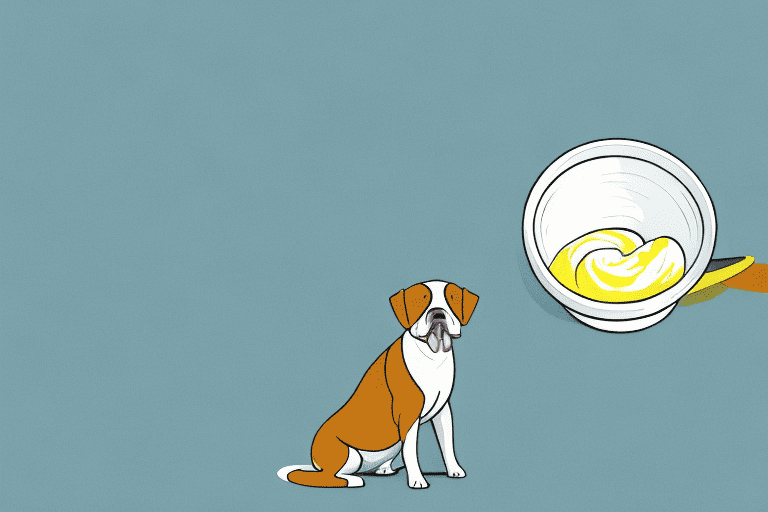 A curious dog sitting next to a bowl of custard