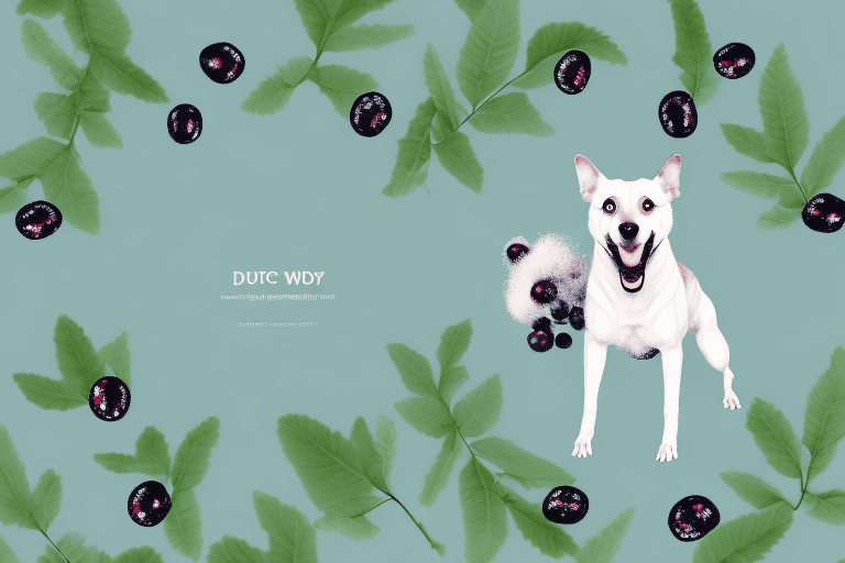A curious dog sniffing at a bush filled with ripe huckleberries