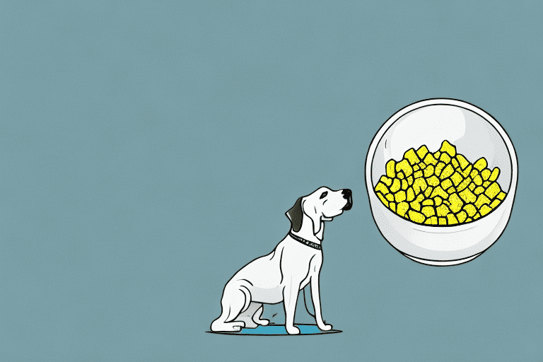 A curious dog sitting next to a bowl filled with hominy corn