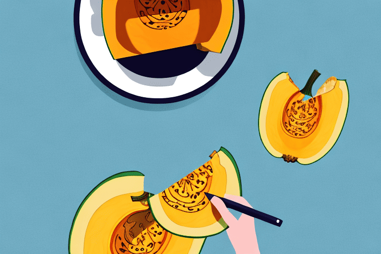 A curious dog looking at a sliced kabocha squash on a plate
