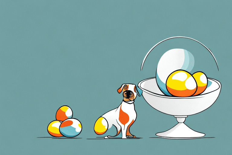 A dog sitting in front of a bowl filled with quail eggs