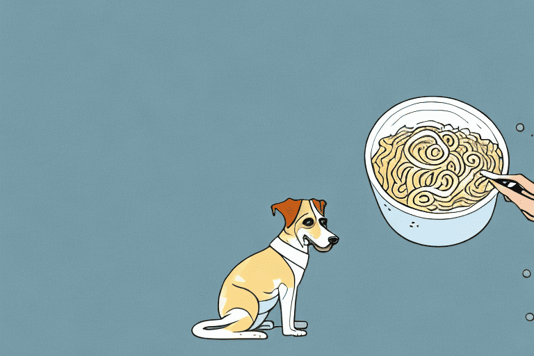 A curious dog sitting next to a bowl of plain ramen noodles