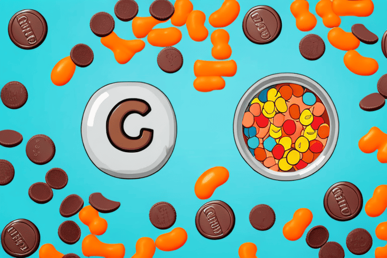 A curious dog looking at a bowl full of reese's pieces candies
