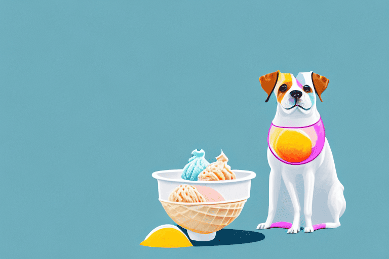 A curious dog sitting in front of a bowl of sherbet ice cream