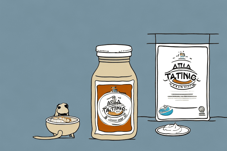 A curious dog looking at a jar of tahini placed on a table