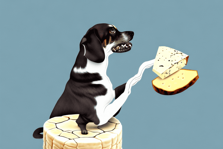 A curious dog sniffing a piece of truffle cheese placed on a table