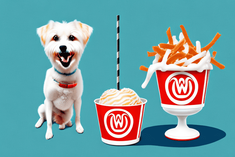 A cheerful dog with a wendy's frosty treat in a bowl in front of him