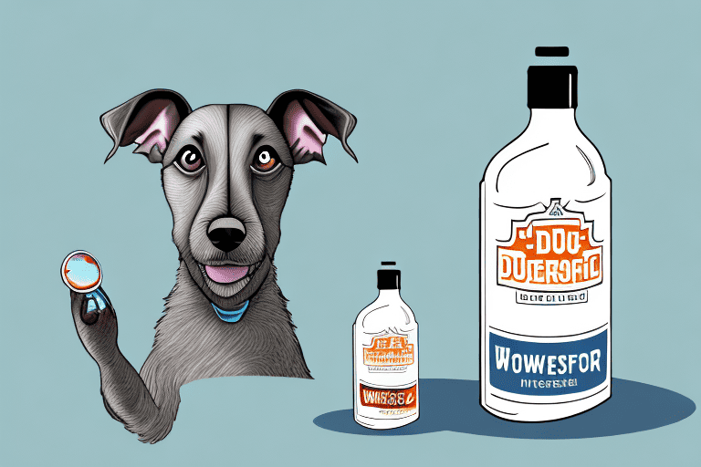 A curious dog sniffing a bottle of worcestershire sauce sitting on a kitchen counter