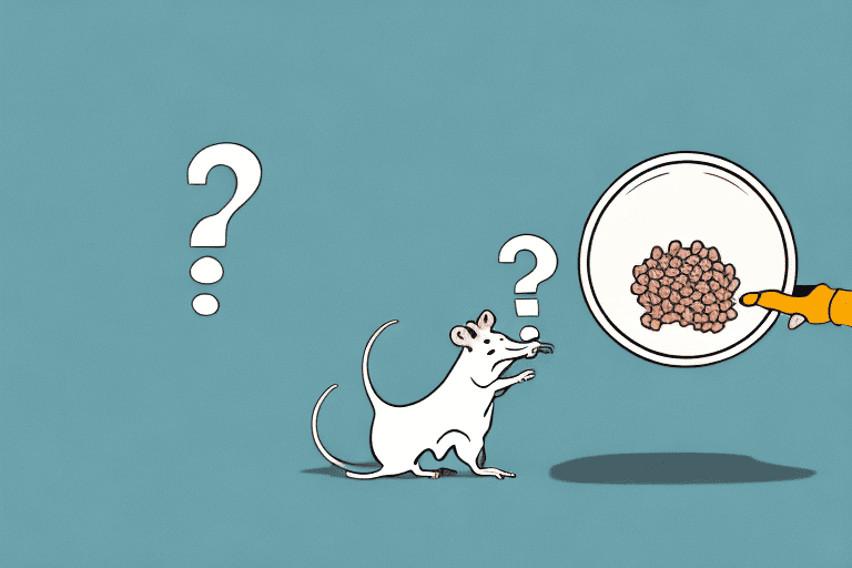 A curious pet rat sniffing at a bowl of dog food