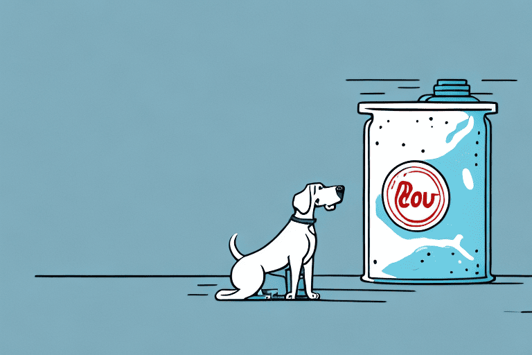 A curious dog looking at a container of creatine powder on a table